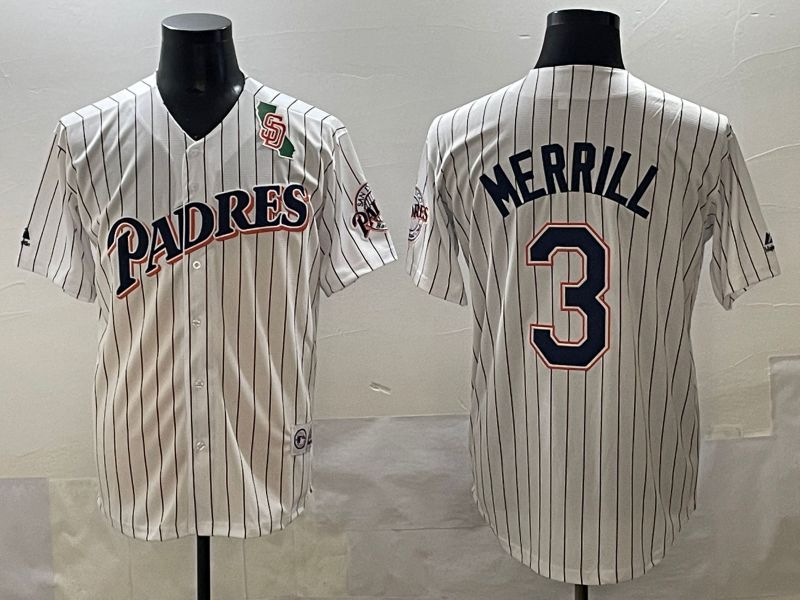 Men 2025 San Diego Padres #3 Merrill White Stripe Throwback Game Nike MLB Jersey style 5